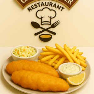 Two piece cod fish with hand light battered served with fries, tartar sauce and lemon with coleslaw