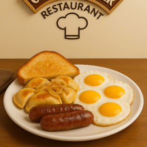 Three Eggs, Six Perogies With Eggs Sausage And Grilled Onion or Bangers and Toast