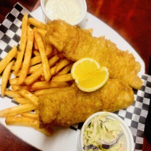 2 piece cod fish with fries, lemon and coleslaw