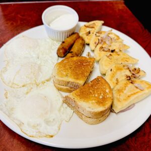 Three eggs, Perogies, and Bangers