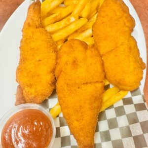 3 piece Chicken strips with fries and dipping sauce